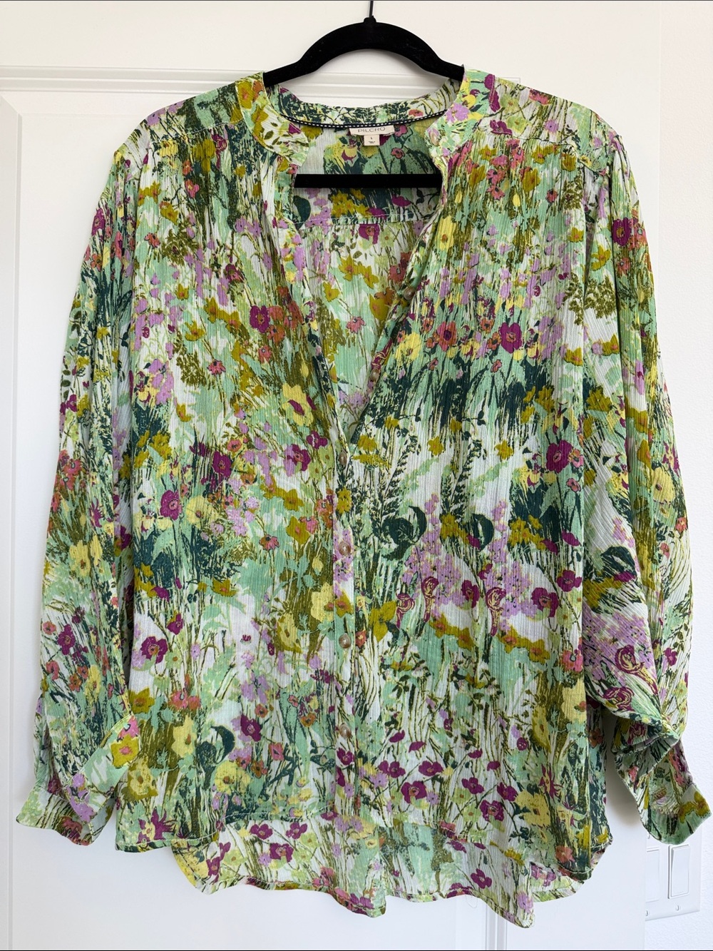 Anthropologie Floral Lightweight Button-Front Blouse in Light Green